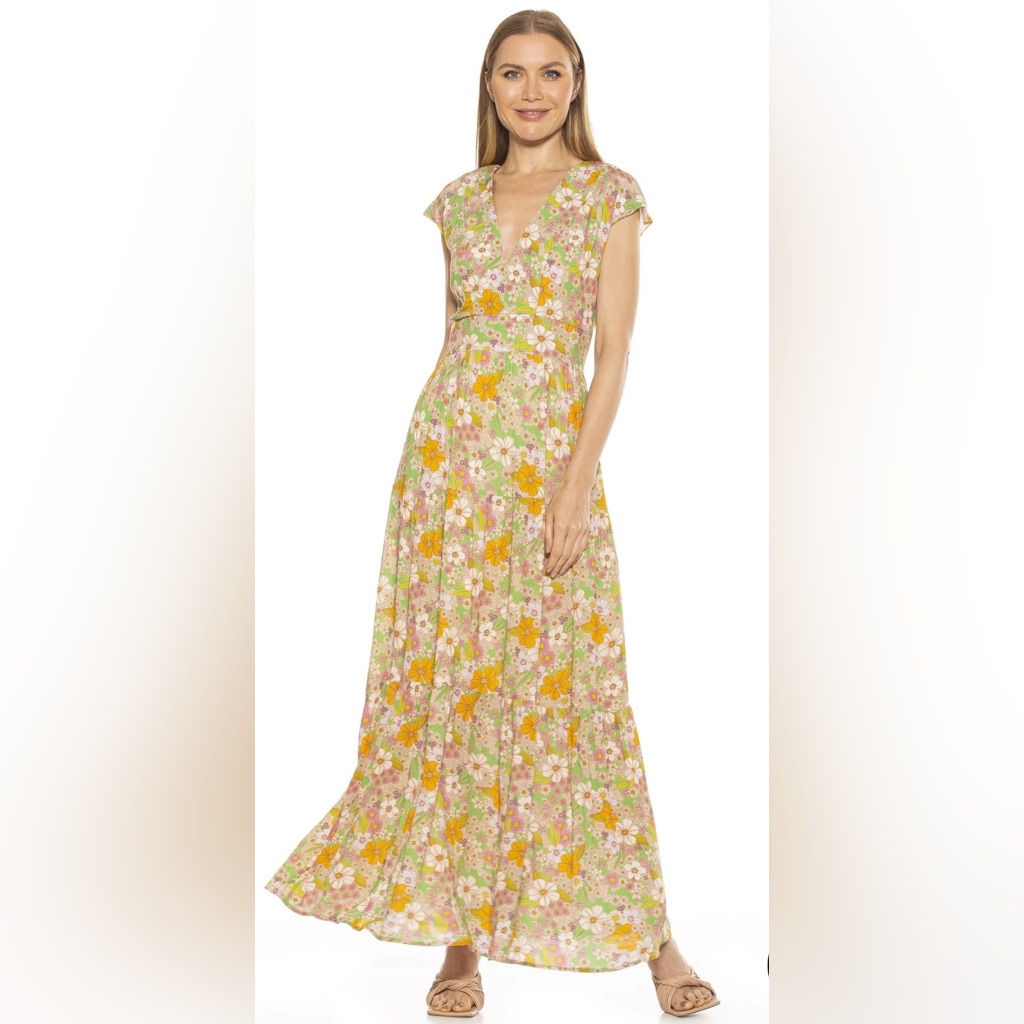 Alexia Admor New York V-Neck Summer Maxi Dress In 60s Florals Print Size 6 Euc
